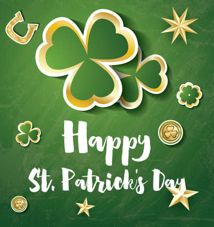 Saint Patrick's Day Background with Clover Leaves, Golden Stars and Coins. Vector illustration.のイラスト素材