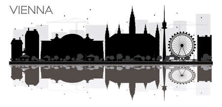 Vienna City skyline black and white silhouette with reflections. Vector illustration. Simple flat concept for tourism presentation, banner, placard or web site. Cityscape with landmarks.のイラスト素材