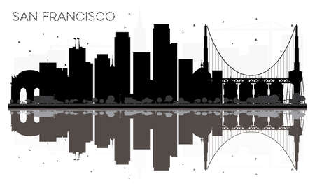 San Francisco City skyline black and white silhouette with reflections. Vector illustration. Simple flat concept for tourism presentation, banner, placard or web site. Cityscape with landmarks.のイラスト素材