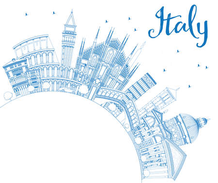 Outline Italy Skyline with Blue Landmarks and Copy Space. Vector Illustration. Business Travel and Tourism Concept with Historic Architecture. Image for Presentation Banner Placard and Web Site.のイラスト素材
