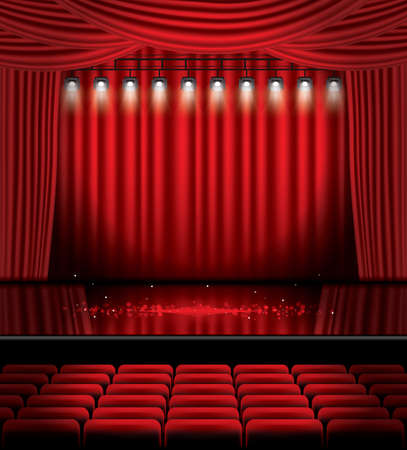 Red Stage Curtain with Spotlights, Seats and Copy Space. Vector illustration. Theater, Opera or Cinema Scene. Light on a Floor.のイラスト素材