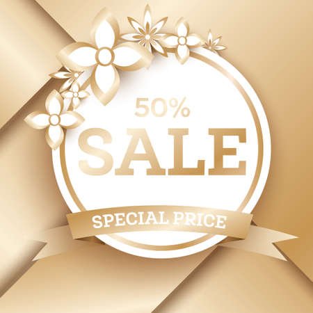 Sale Golden Banner Template with Flowers and Copy Space. Sale Tag. Vector illustration.のイラスト素材