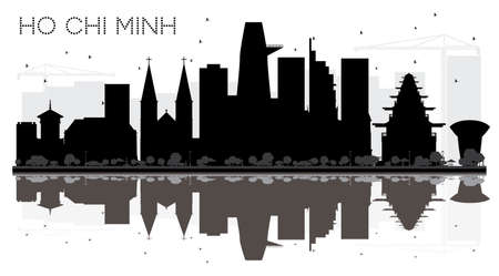 Ho Chi Minh City skyline black and white silhouette with reflections. Vector illustration. Simple flat concept for tourism presentation, banner, placard or web site.のイラスト素材