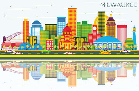 Milwaukee Skyline with Color Buildings, Blue Sky and Reflections. Vector Illustration. Business Travel and Tourism Concept with Modern Buildings. Image for Presentation Banner Placard and Web Site.のイラスト素材