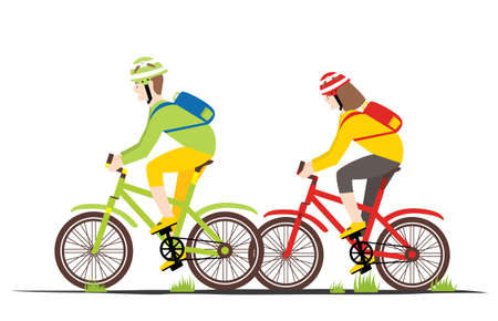 Bicycle Rider Couple in Flat Style. Man and Woman on a Bike. Vector Illustration.のイラスト素材