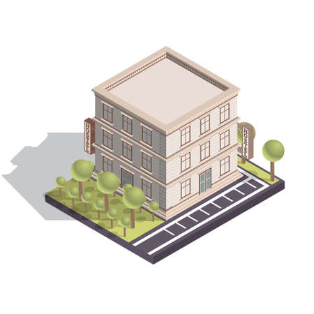 Isometric Hotel or Hostel Building Isolated on White Background. Vector Illustration.のイラスト素材