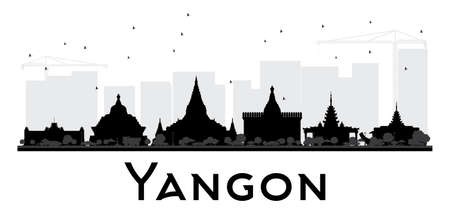 Yangon City skyline black and white silhouette. Simple flat concept for tourism presentation, banner, placard or web site. Cityscape with landmarks. Vector illustration.のイラスト素材