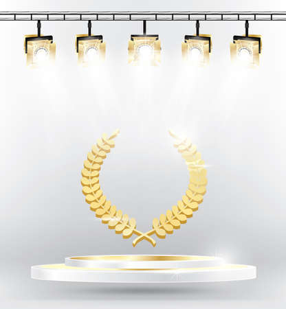 Gold Laurel Wreath on Podium with Spotlights. Vector Illustration.のイラスト素材