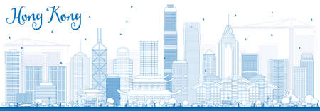 Outline Hong Kong Skyline with Blue Buildings. Vector Illustration. Business Travel and Tourism Concept with Modern Architecture.のイラスト素材