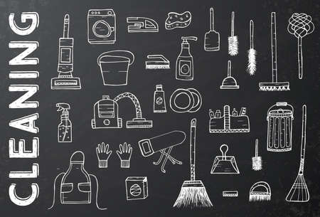 Cleaning Tools. Vector Illustration. Cleaning service. Cleaning supplies on Black Chalkboard. Hand Drawn Cleaning products.のイラスト素材