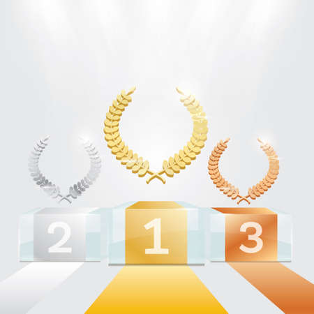 Glass Winner Podium with Spotlights and Laurel Wreath. Vector Illustration.のイラスト素材