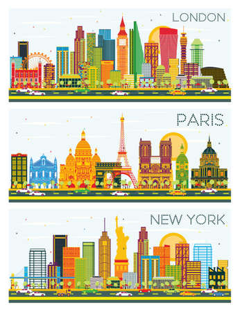 London, Paris, New York Skyline with Color Buildings and Blue Sky.のイラスト素材