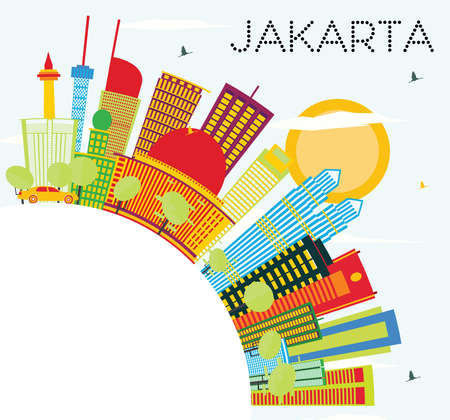 Jakarta Skyline with Color Buildings, Blue Sky and Copy Space. Vector Illustration. Business Travel and Tourism Concept with Modern Buildings. Image for Presentation and Banner.のイラスト素材