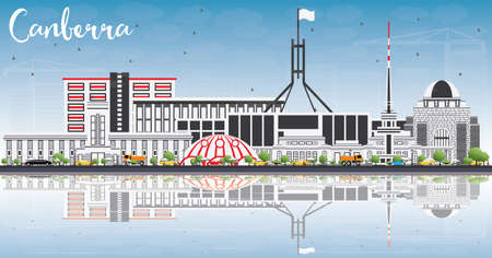 Canberra skyline with gray buildings, blue sky and reflections in business travel and tourism concept with modern architecture for presentation banner placard and website.のイラスト素材