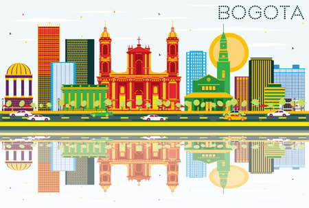Bogota Colombia Skyline with Color Buildings, Blue Sky and Reflections. Vector Illustration. Business Travel and Tourism Concept with Historic Buildings.のイラスト素材