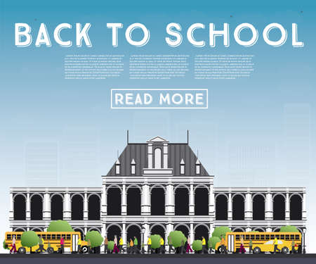 Back to School banner with school bus, building and students vector Illustration.のイラスト素材