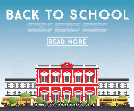 Back to School banner with school bus, building and students vector Illustration.のイラスト素材