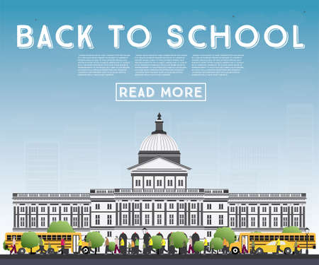 Back to School banner with school bus, building and students vector Illustration.のイラスト素材