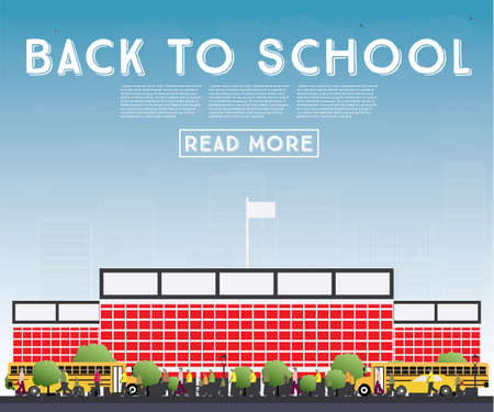 Back to School banner with school bus, building and students vector Illustration.のイラスト素材