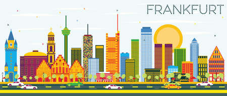 Frankfurt Skyline with Color Buildings and Blue Sky. Vector Illustration. Business Travel and Tourism Concept with Modern Buildings. Image for Presentation Banner Placard and Web Site.のイラスト素材