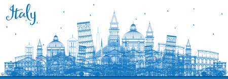 Outline Italy Skyline with Blue Landmarks. Vector Illustration. Business Travel and Tourism Concept with Historic Architecture. Image for Presentation Banner Placard and Web Site.のイラスト素材