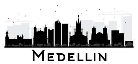 Medellin City skyline black and white silhouette. Vector illustration. Simple flat concept for tourism presentation, banner, placard or web site. Business travel concept. Cityscape with landmarks.のイラスト素材