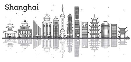 Outline Shanghai Skyline with Modern Buildings and Reflections. Vector Illustration.のイラスト素材