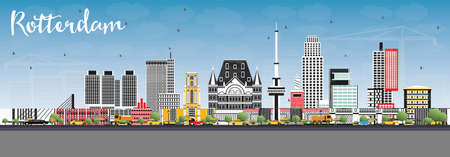Rotterdam Netherlands Skyline with Gray Buildings and Blue Sky. Vector Illustration. Business Travel and Tourism Concept with Modern Architecture.のイラスト素材