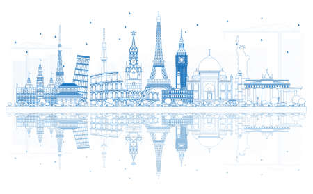 Outline Travel Concept Around the World with Famous International Landmarks. Vector Illustration. Business and Tourism Concept. Image for Presentation, Placard, Banner or Web Site.のイラスト素材