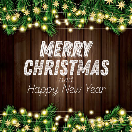 Fir Branch with Neon Lights on Wooden Background. Merry Christmas and Happy New Year. Vector Illustration.のイラスト素材