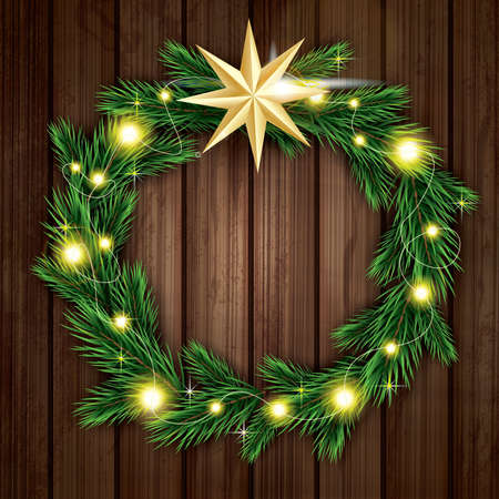 Christmas Wreath with Green Fir Branch, Light Garland and Golden Star on Wooden Background. Vector Illustration.のイラスト素材