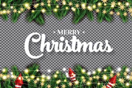 Fir Branch with Neon Lights String, Golden Stars and Rockets on Transparent Background. Vector illustration.のイラスト素材