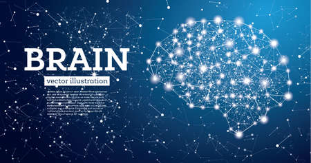 Neon Brain Connections on Blue Background. Vector Illustration.のイラスト素材