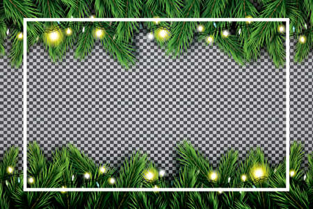 Fir Branch with Neon Lights and White Frame on Transparent Background. Vector illustration.のイラスト素材