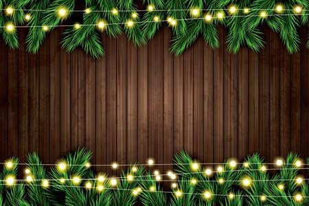 Fir Branch with Neon Lights on Wooden Background. Vector illustration.のイラスト素材