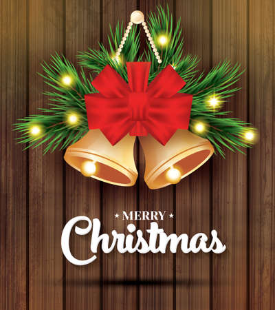 Merry Christmas and Happy New Year Greeting Card with Fir Tree Branch and Golden Bell. Wooden Texture. Vector Illustration.のイラスト素材