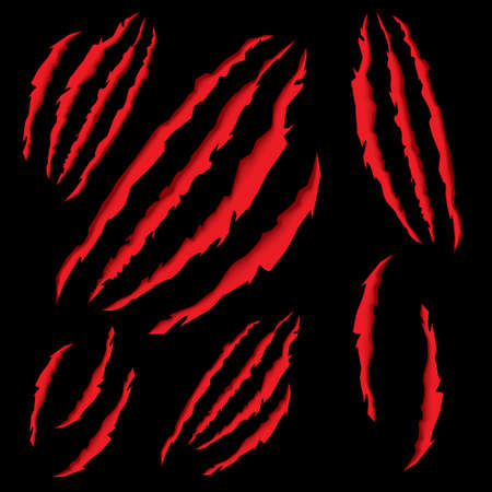 Animal claws scratching vector illustration. Tiger or bear paw scratching on black background.のイラスト素材