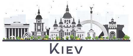 Kiev Ukraine City Skyline with Gray Buildings Isolated on White Background. Vector Illustration. Business Travel and Tourism Concept. Kiev Cityscape with Landmarks.のイラスト素材