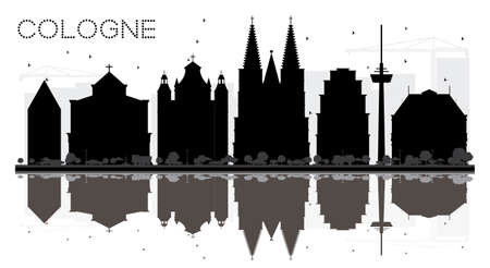 Cologne Germany City skyline black and white silhouette with Reflections. Vector illustration. Simple flat concept for tourism presentation, banner, placard or web site. Cologne Cityscape with landmarks.のイラスト素材