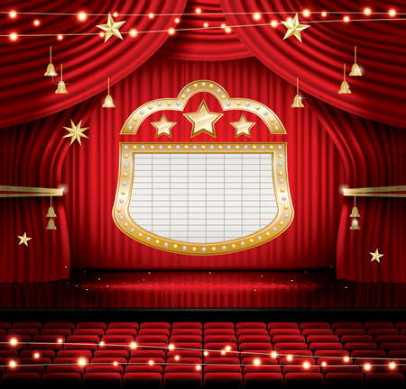 Red Stage Curtain with Seats and Spotlights. Vector illustration. Theater,  or Cinema Scene. Light on a Floor.のイラスト素材