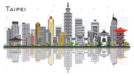 Taipei Taiwan City Skyline with Gray Buildings Isolated on White Background. Vector Illustration. Business Travel and Tourism Concept. Taipei Cityscape with Landmarks.のイラスト素材