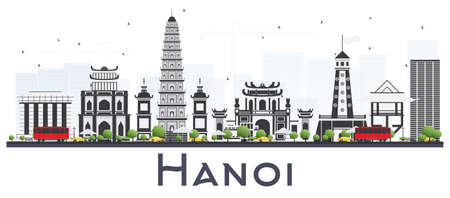 Hanoi Vietnam City Skyline with Gray Buildings Isolated on White Background. Vector Illustration. Business Travel and Tourism Concept with Modern Buildings. Hanoi Cityscape with Landmarks.のイラスト素材