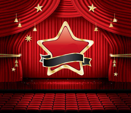 Red Stage Curtain with Star, Seats and Copy Space. Vector illustration. Theater, Opera or Cinema Scene. Light on a Floor.のイラスト素材