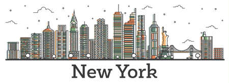 Outline New York USA City Skyline with Color Buildings Isolated on White. Vector Illustration. New York Cityscape with Landmarks.のイラスト素材