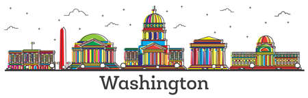 Outline Washington DC USA City Skyline with Color Buildings Isolated on White. Vector Illustration. Washington DC Cityscape with Landmarks.のイラスト素材