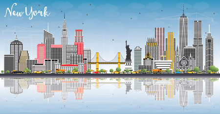 New York USA City Skyline with Gray Buildings, Blue Sky and Reflections. Vector Illustration. Business Travel and Tourism Concept with Modern Architecture. New York Cityscape with Landmarks.のイラスト素材