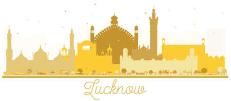 Lucknow India City Skyline Golden Silhouette. Vector Illustration. Simple Flat Concept for Tourism Presentation, Banner, Placard or Web Site. Lucknow Cityscape with Landmarks.のイラスト素材