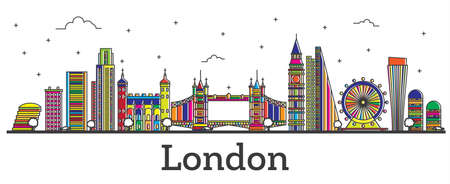 Outline London England City Skyline with Color Buildings Isolated on White. Vector Illustration. London Cityscape with Landmarks.のイラスト素材