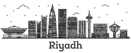 Engraved Riyadh Saudi Arabia City Skyline with Modern Buildings Isolated on White. Vector Illustration. Riyadh Cityscape with Landmarks.のイラスト素材