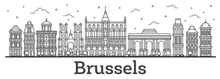 Outline Brussels Belgium City Skyline with Historic Buildings Isolated on White. Vector Illustration. Brussels Cityscape with Landmarks.のイラスト素材